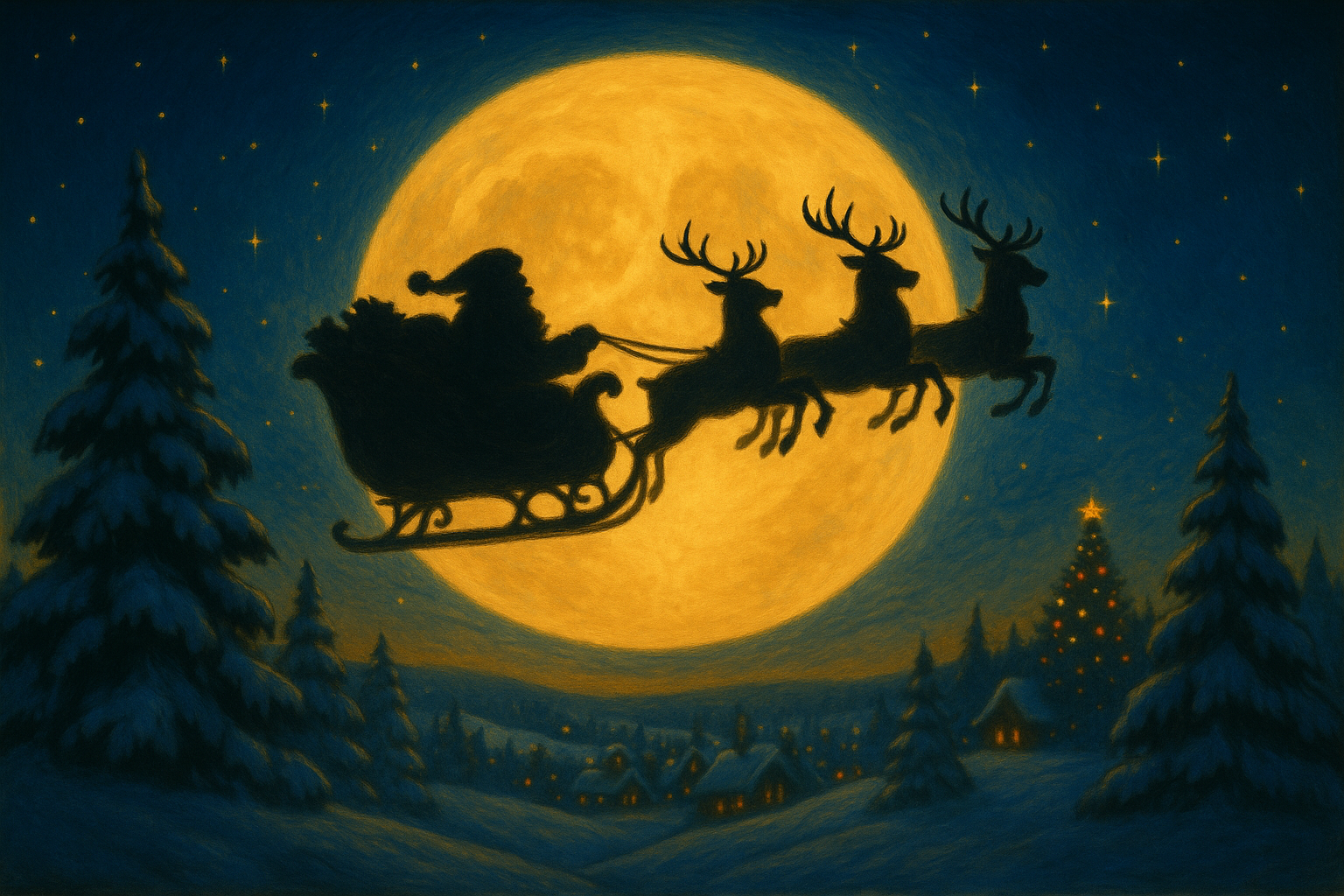 Santa flying in his sleigh with reindeer above snowy mountains - Delta Christmas delivery